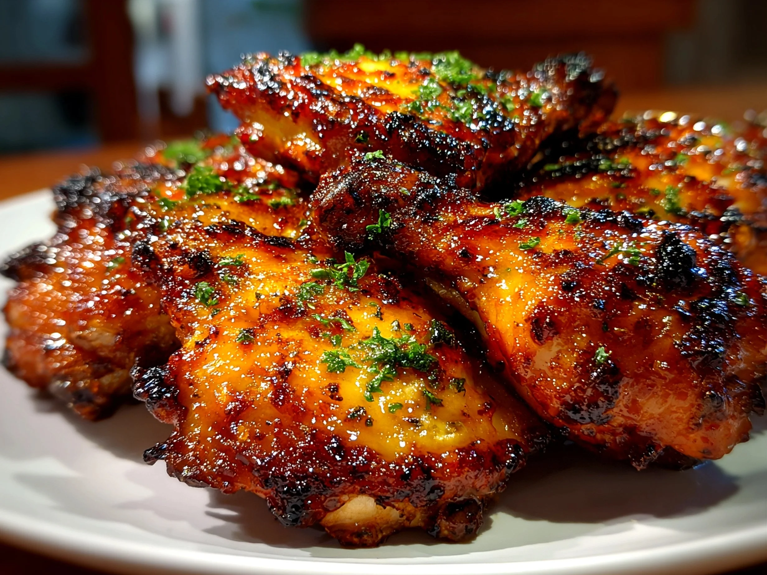 Delicious oven BBQ chicken served with sides on a plate.