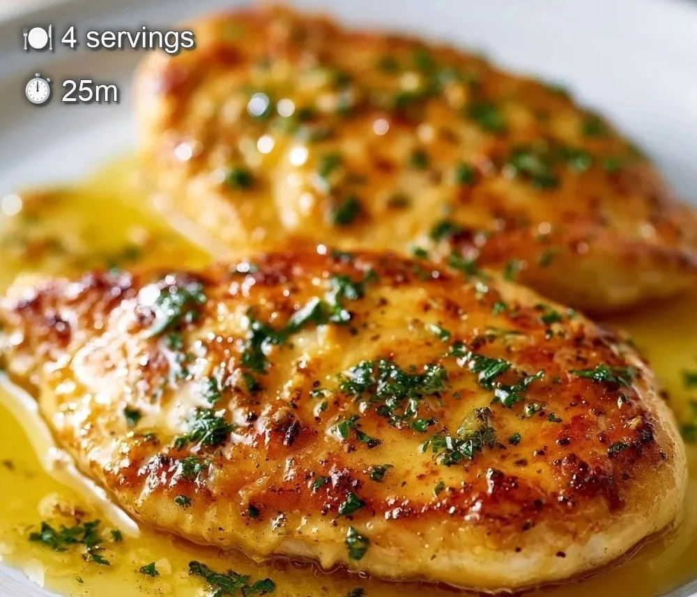 Pan-fried lemon garlic chicken breast served with herbs