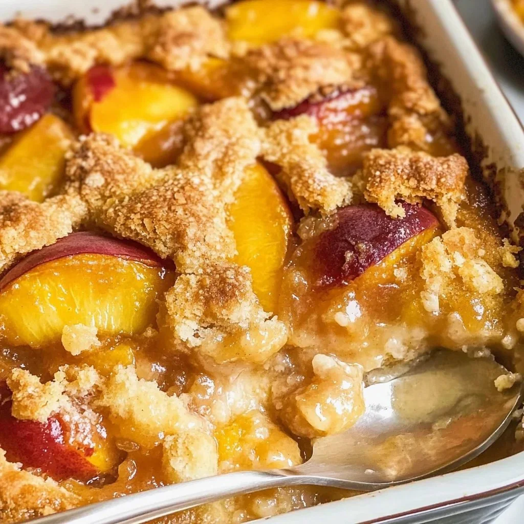 Delicious Peach Cobbler with Fresh Peaches served in a rustic dish