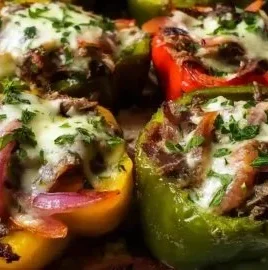 Philly Cheesesteak stuffed peppers filled with savory beef and cheese