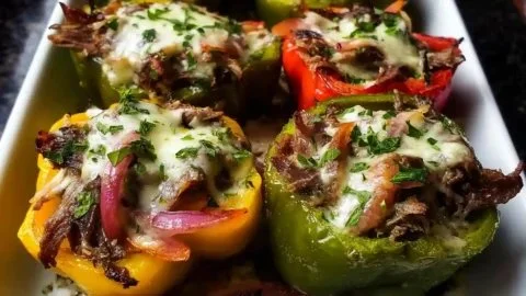Philly Cheesesteak stuffed peppers filled with savory beef and cheese