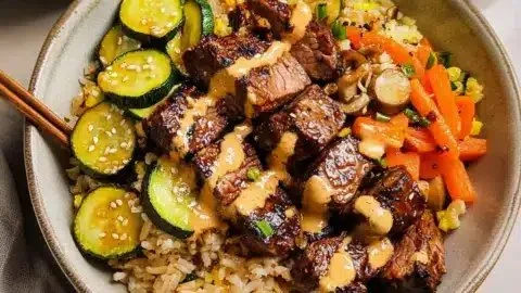 Delicious Hibachi Steak Bowls served with vegetables and rice