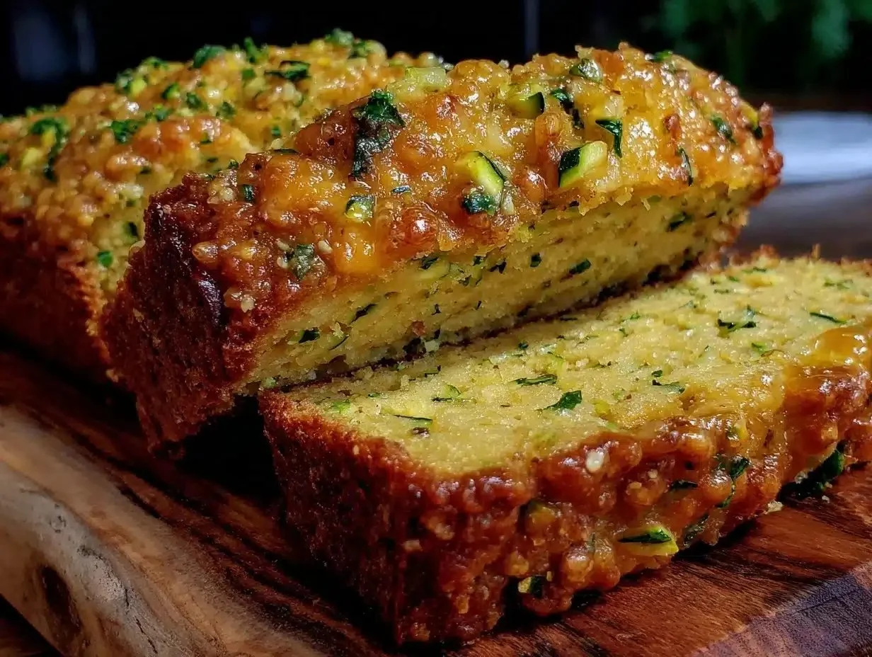 Savory cheddar zucchini bread slice on a wooden cutting board