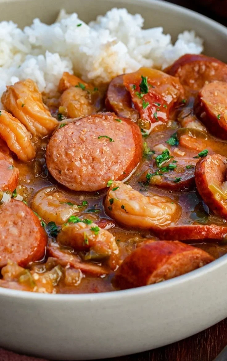 Delicious Shrimp and Sausage Gumbo served in a bowl with fresh herbs