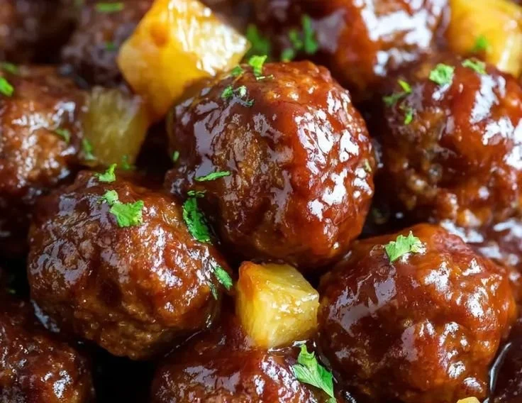 Slow cooker pineapple barbecue meatballs served on a platter.