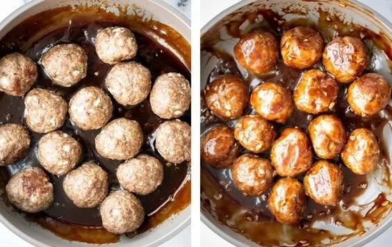 Plate of sticky honey garlic meatballs garnished with green onions