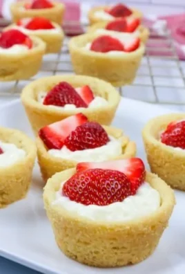 Strawberry cheesecake cookie cups topped with fresh strawberries and whipped cream.