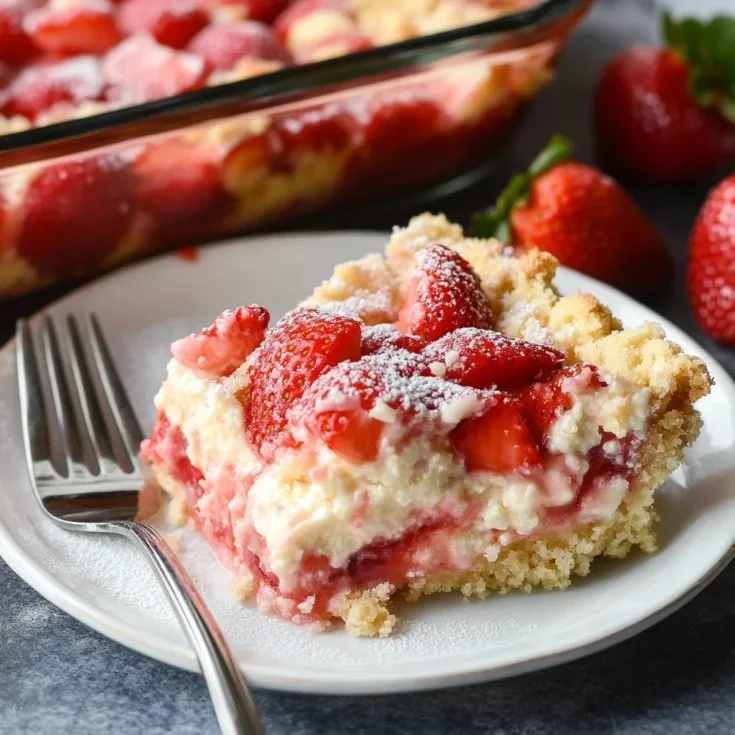 Delicious Strawberry Cheesecake Dump Cake with fresh strawberries and cream cheese