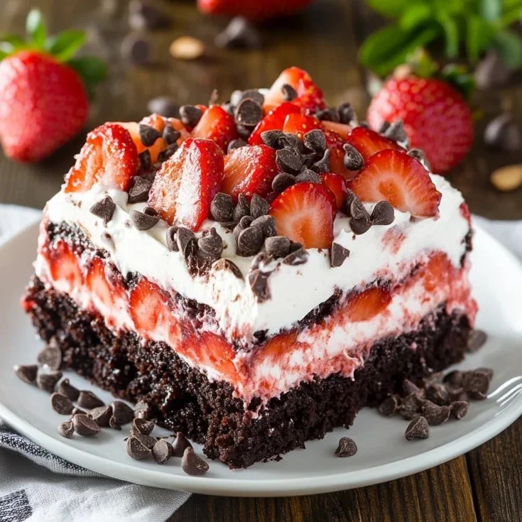 Strawberry Earthquake Cake topped with fresh strawberries and cream.