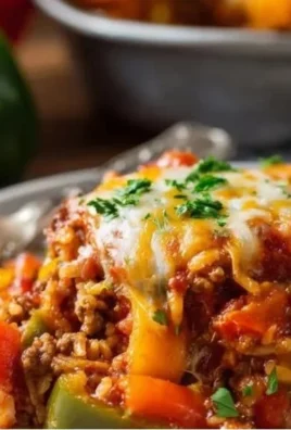 Delicious stuffed pepper casserole with rice, ground beef, and mozzarella cheese