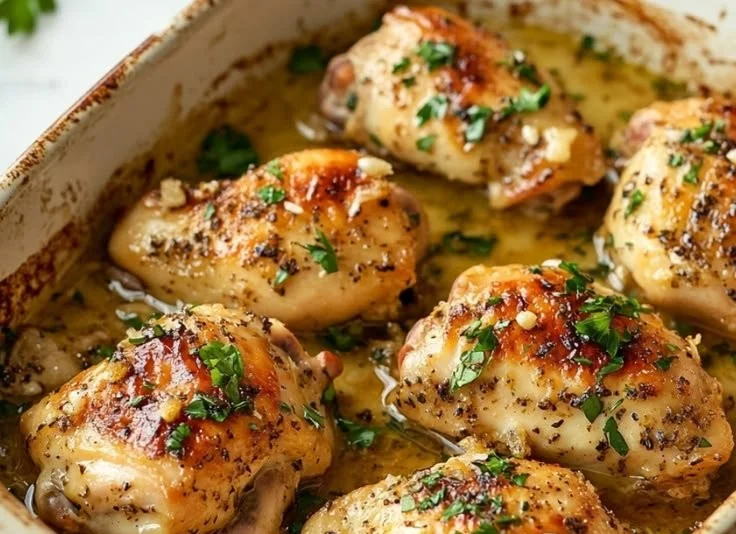 Delicious garlic butter baked chicken garnished with herbs and served in summer