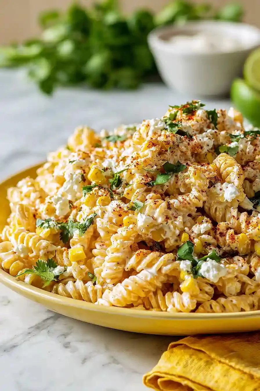 Bowl of elote pasta salad made with Greek yogurt and fresh ingredients