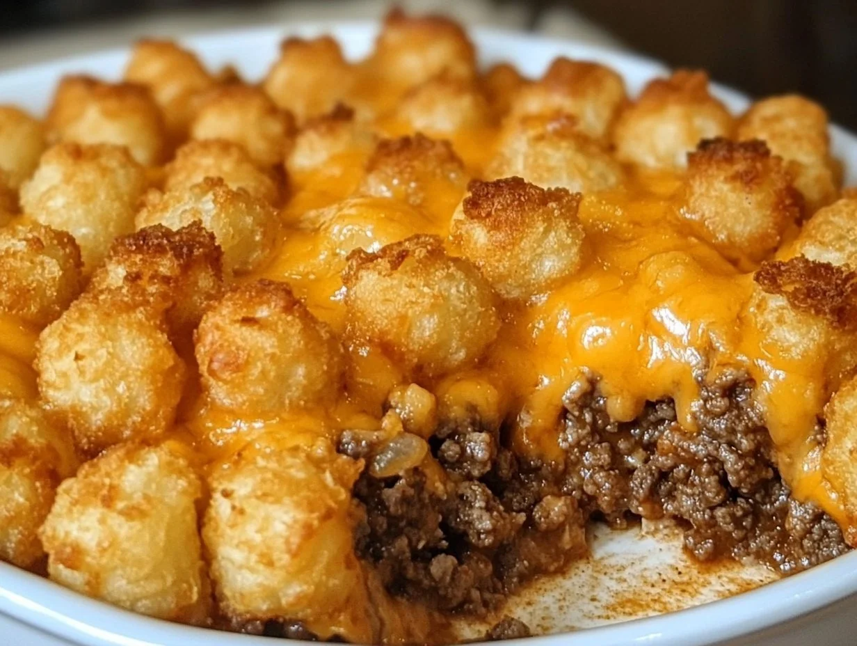 Tater tot casserole topped with golden crispy tater tots and ground beef.