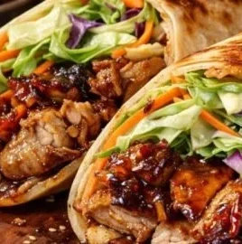 Delicious teriyaki chicken wrap served on a plate with fresh vegetables