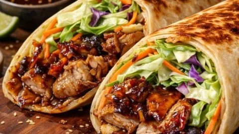 Delicious teriyaki chicken wrap served on a plate with fresh vegetables