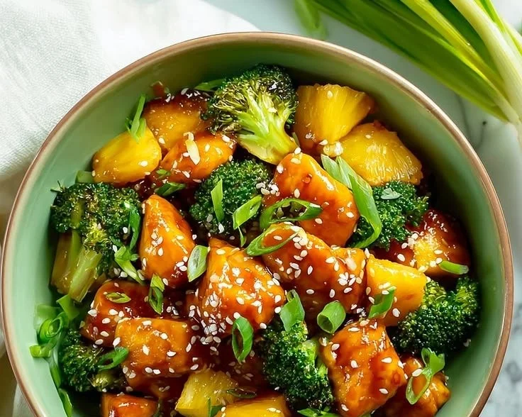 Teriyaki Chicken with pineapple and broccoli on a sheet pan dinner.