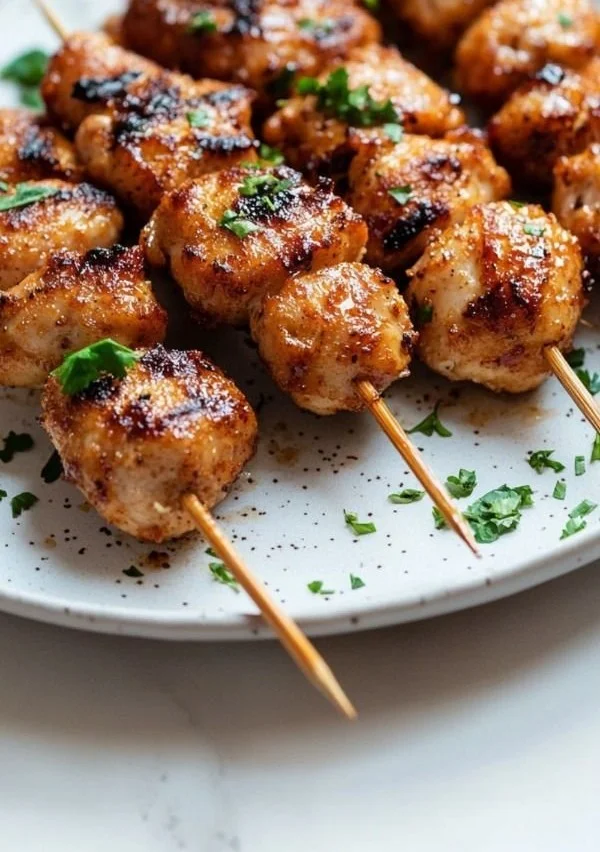 Delicious Thai Chicken Bites served with dipping sauce on a plate.