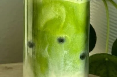 Delicious Vanilla Mint Matcha Latte in a cup, garnished with mint leaves.